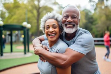 Multiracial senior people having fun, hugging each other after sport workout at city park. Healthy lifestyle and joyful elderly lifestyle concept