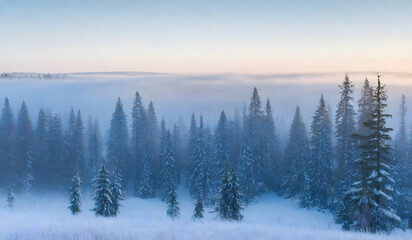 Winter landscape with fir trees covered with snow in the forest at sunset