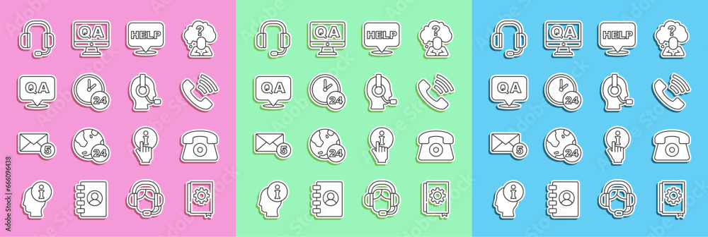Poster set line user manual, telephone 24 hours support, speech bubble with text help, clock, question and 