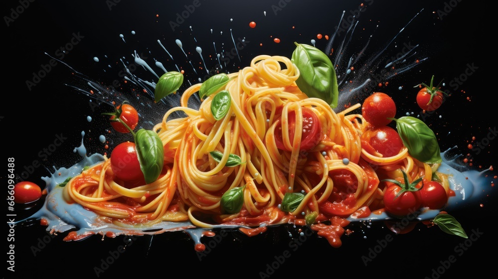 Poster a pile of spaghetti with tomatoes and basil sprinkled on it. generative ai
