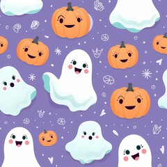 Purple Cute ghost Halloween Seamless Pattern