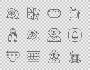 Set line Adult diaper, Rocking chair, Eyeglasses, False jaw, Grandfather, Grandmother, and Emergency phone call icon. Vector