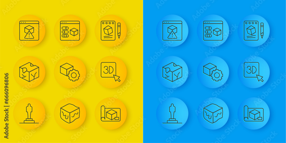 Poster set line 3d printer model, isometric cube, graphing paper for engineering, sketch on and icon. vecto