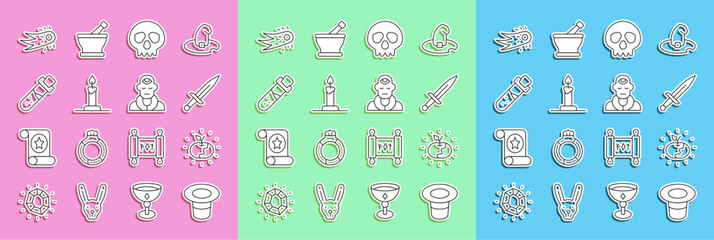 Fototapeta na wymiar Set line Magic hat, Poison apple, Dagger, Skull, Burning candle in candlestick, Bottle with potion, Fireball and Wizard warlock icon. Vector