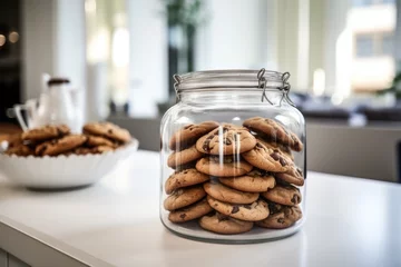 Foto op Plexiglas A jar of chocolate chip cookies bathed in natural light on a kitchen counter. © Sebastian Studio