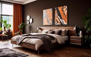 Interior of a modern bedroom in brown colors and abstract art of the wall.