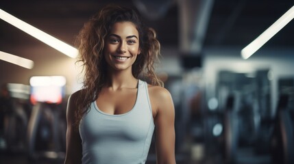 Fototapeta na wymiar Young woman standing at gym, fitness instructor 