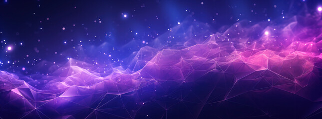 Abstract purple landscape with lines, low polygon triangle shapes and stars