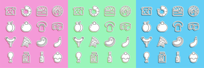 Set line Muffin, Eggplant, Cheese, Burger, Tomato, Plum fruit, Bread toast and Mushroom icon. Vector