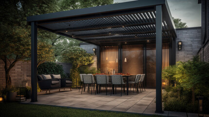 Outdoor dining area with a pergola.