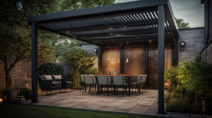 Fototapeta premium Outdoor dining area with a pergola.
