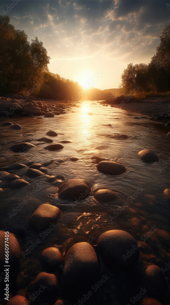 Poster sun is setting over a river with rocks in it.