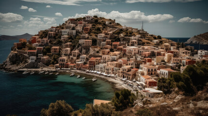 Fototapeta na wymiar Village on top of a hill overlooking the ocean.