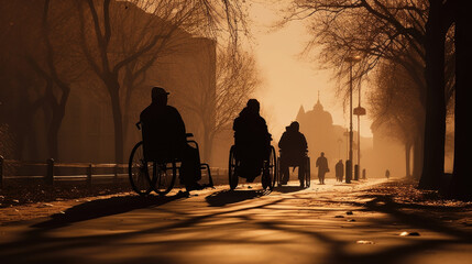 Group of people in wheelchairs walking down a street.