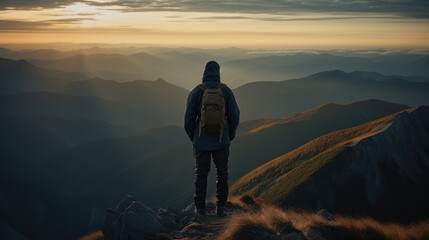 Person standing on top of a mountain with a backpack and looking out over the valley. - obrazy, fototapety, plakaty