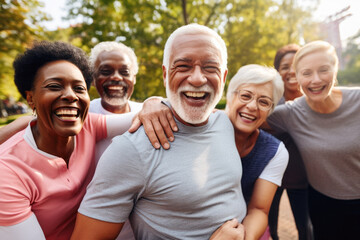 Multiracial senior people having fun, hugging each other after sport workout at city park. Healthy lifestyle and joyful elderly lifestyle concept
