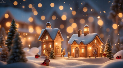 Fototapeta na wymiar Captivating Snowy Christmas Village - 3D Holiday Scene at Night time
