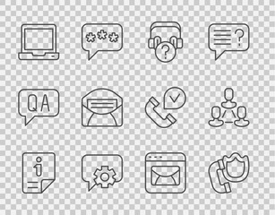 Set line Information, Telephone handset with shield, Headphones question, 24 hours support, Laptop, Mail e-mail, and Employee hierarchy icon. Vector