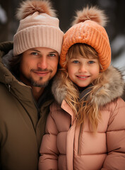 Fototapeta premium Modern Family Portraits, Winter Fun and Fashion Style: WinterFun. Captivating modern family portraits capturing the essence of winter fun and fashion. The family members are warmly dressed.