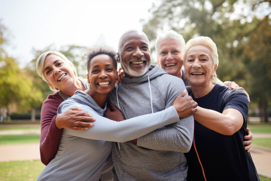 Multiracial senior people having fun, hugging each other after sport workout at city park. Healthy lifestyle and joyful elderly lifestyle concept