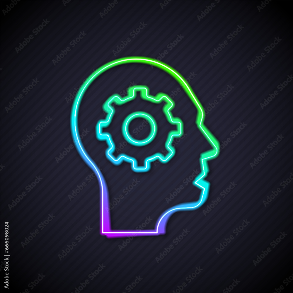 Poster glowing neon line human head with gear inside icon isolated on black background. artificial intellig