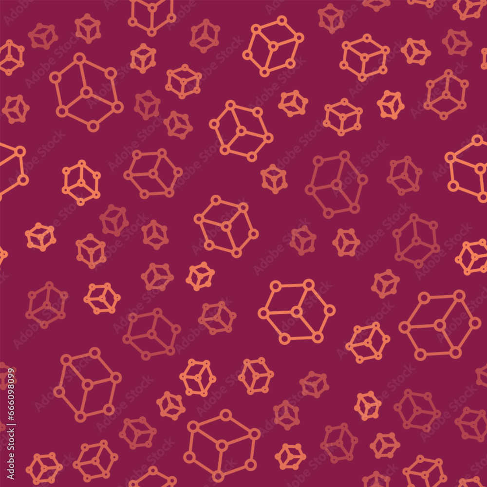 Poster brown line isometric cube icon isolated seamless pattern on red background. geometric cubes solid ic