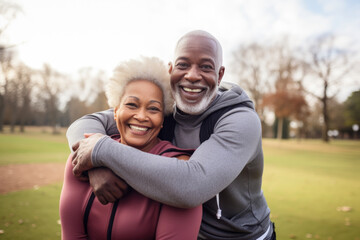 Naklejka premium Multiracial senior people having fun, hugging each other after sport workout at city park. Healthy lifestyle and joyful elderly lifestyle concept