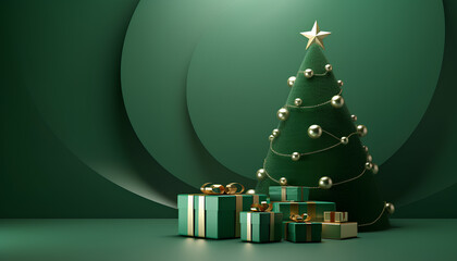 Abstract mockup scene with Christmas tree, gold ball decoration, gift box with gold ribbon for show cosmetic product display. Winter green background, stage pedestal or platform 3d render