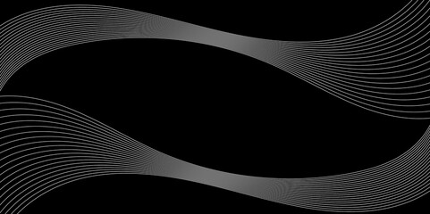 abstract white line wave and black background. Smooth and relaxing shape vector background. Grey line on black. Minimal design. Cover design.  Dark horizontal vector template.