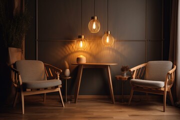 A cozy interior with chairs, a table, and a lamp. Generative AI