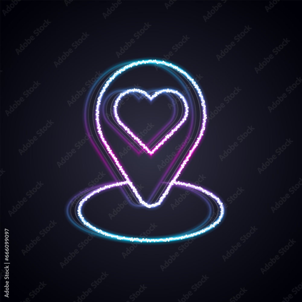 Poster glowing neon line map pointer with heart icon isolated on black background. valentines day. love loc