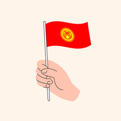 Cartoon Hand Holding Kyrgyzstani Flag, Simple Vector Design. Flag of Kyrgyzstan, Central Asia, Concept Illustration, Isolated Flat Drawing