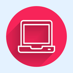 White line Laptop icon isolated with long shadow background. Computer notebook with empty screen sign. Red circle button. Vector
