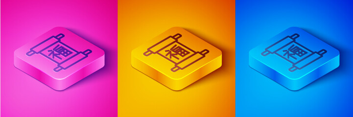 Isometric line Chinese New Year icon isolated on pink and orange, blue background. Square button. Vector