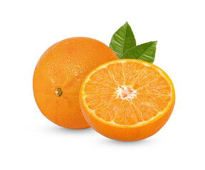Fresh orange with leaves isolated on white background
