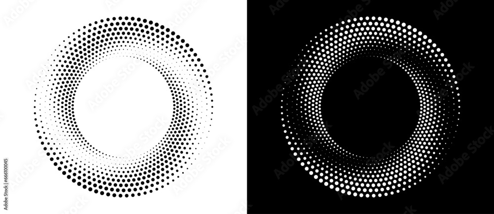 Fototapete Modern abstract background. Halftone dots in circle form. Round logo. Vector dotted frame. Design element or icon. Black shape on a white background and the same white shape on the black side.