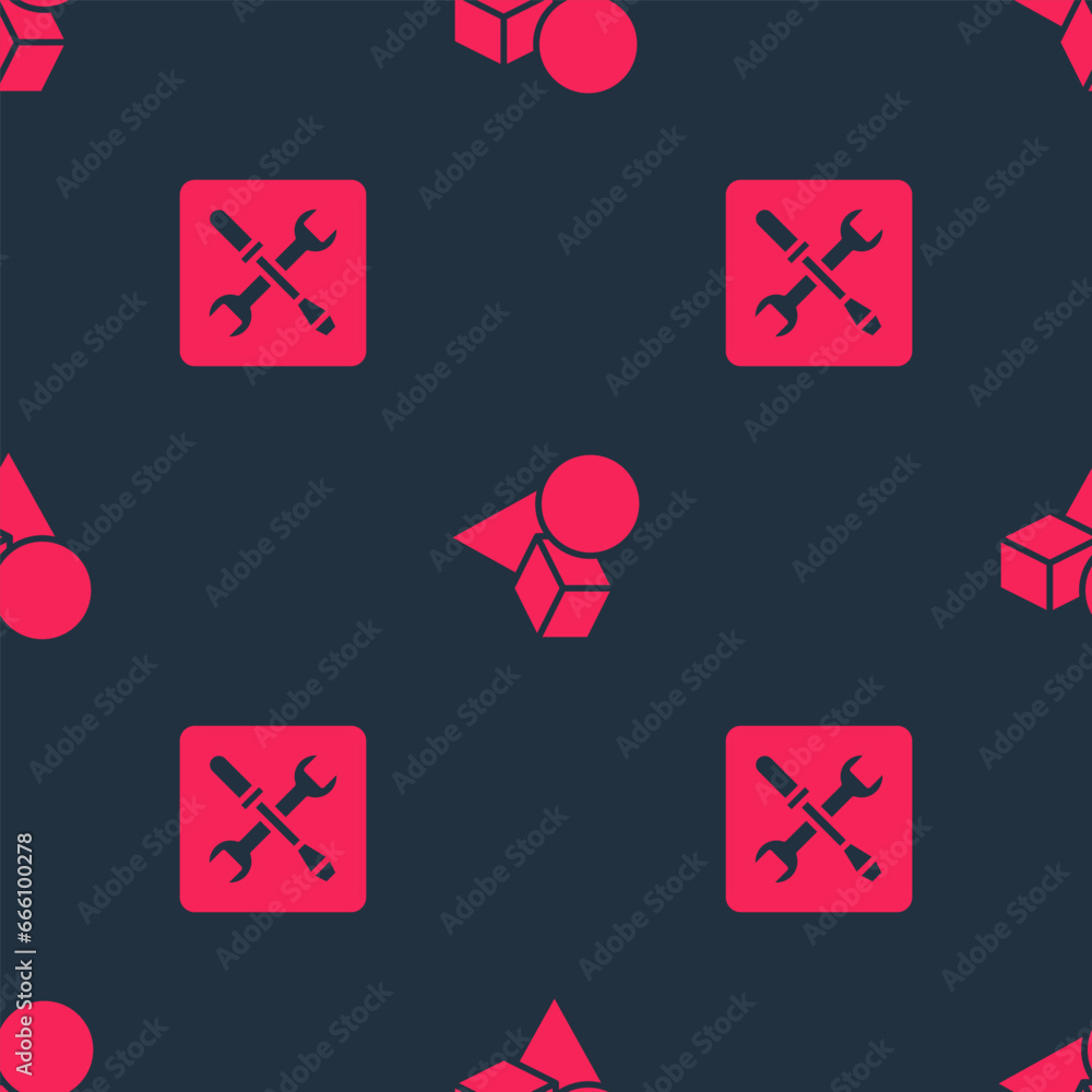 Poster set 3d printer setting and basic geometric shapes on seamless pattern. vector
