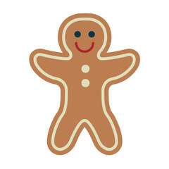 Greeting Gingerbread Man Character With buttons, Icing Decoration. Funny Christmas Cookie. Traditional Sweet Xmas Ginger Biscuit. Vector illustration isolated on white background.
