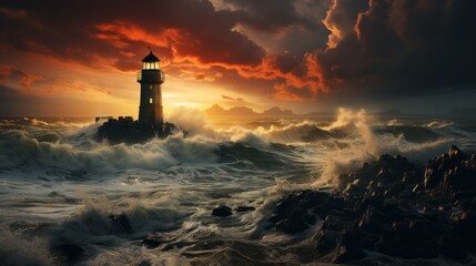 A lit lighthouse and cliffs under stormy weather with dramatic sky and waves. Made with Generative AI.	 - obrazy, fototapety, plakaty