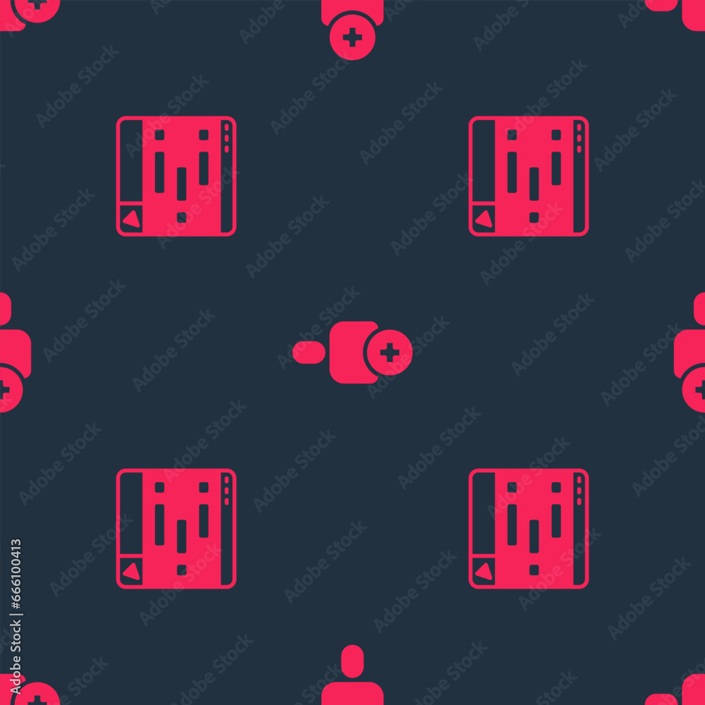 Poster set chat messages on laptop and add friend on seamless pattern. vector