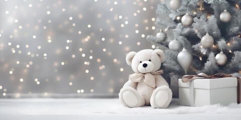 Teddy bear in front of christmas tree with gifts and lights