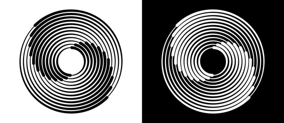 Abstract background with lines in circle. Art design spiral as logo or icon. A black figure on a white background and an equally white figure on the black side.