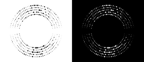 Modern abstract background. Halftone dots in circle form. Round logo. Vector dotted frame. Design element or icon. Black shape on a white background and the same white shape on the black side.