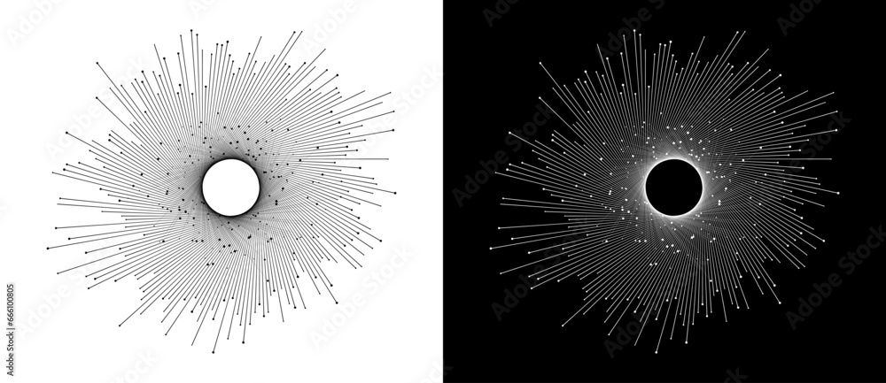 Fototapete Connecting many dots with circle in center via lines. Big Data concept. Design element or icon. Black shape on a white background and the same white shape on the black side.