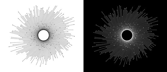 Connecting many dots with circle in center via lines. Big Data concept. Design element or icon. Black shape on a white background and the same white shape on the black side.
