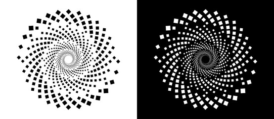 Spiral dotted background with rhombuses. Yin and yang style. Design element or icon. Black shape on a white background and the same white shape on the black side. - obrazy, fototapety, plakaty