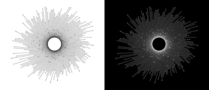 Connecting many dots with circle in center via lines. Big Data concept. Design element or icon. Black shape on a white background and the same white shape on the black side.