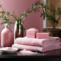 Fototapeta na wymiar Soap and towel in a pink bathroom 
