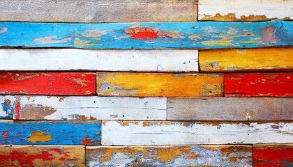 Fototapeta na wymiar Horizontal retro background with wooden planks of different color, wallpaper, Texture effect of vintage wood boards with cracked paint of white, yellowred and blue color, old painted wood background