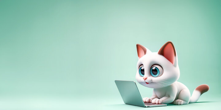 Cute cartoon cat working on a laptop, green background